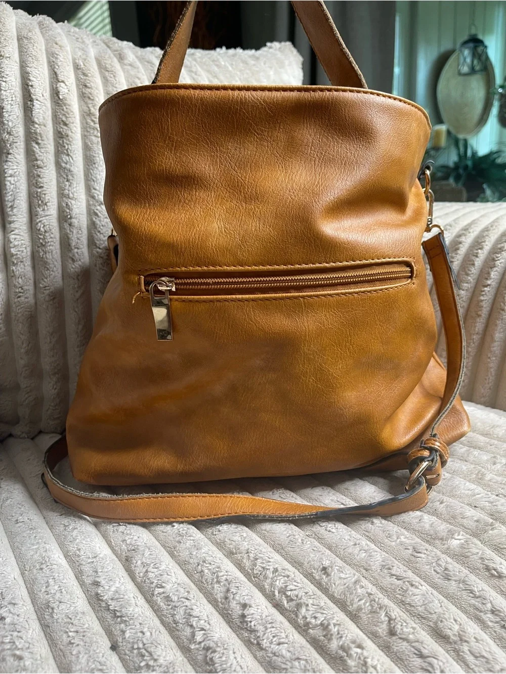 Vilenca Holland Woven Leather Convertible Backpack Shoulder Bag Cognac